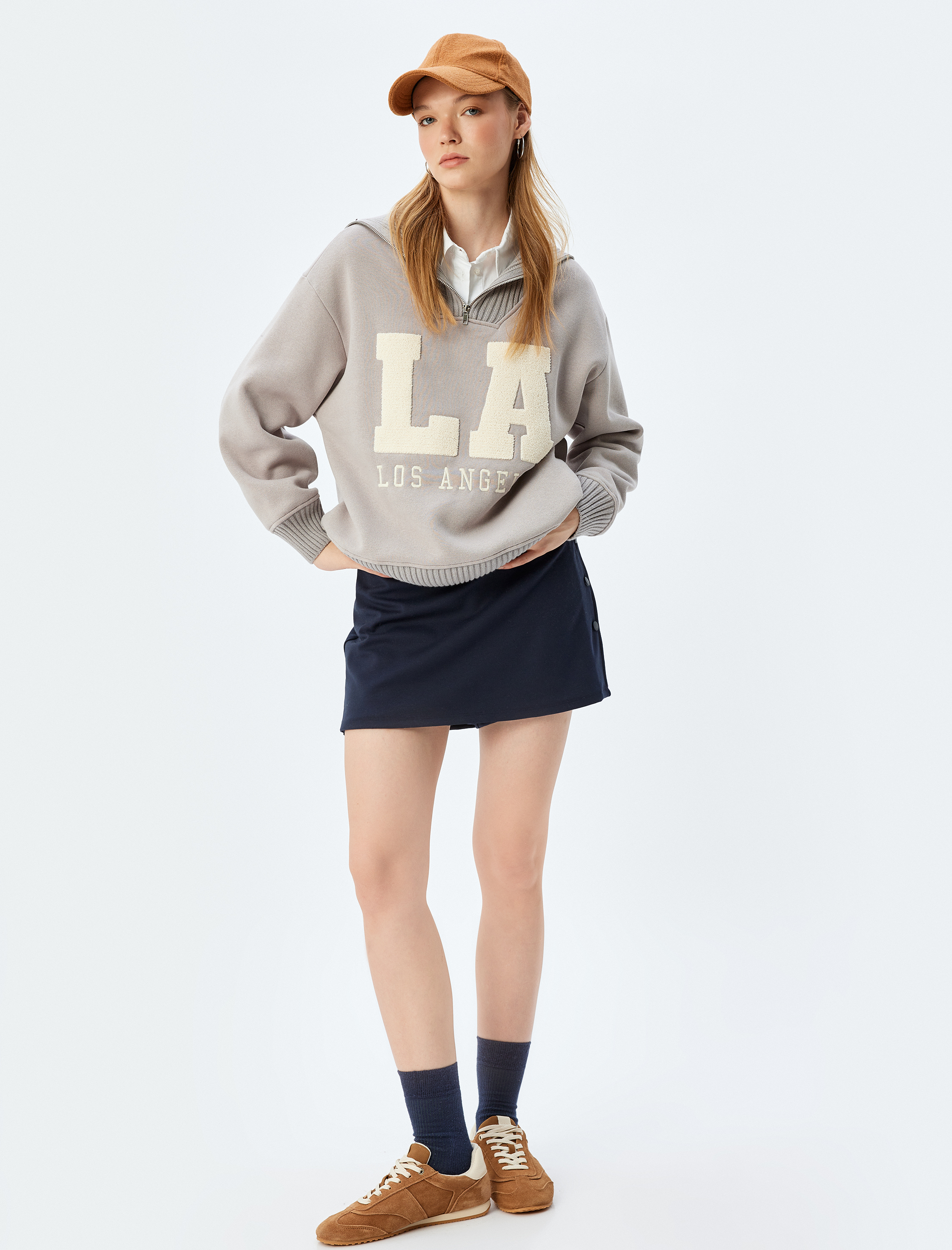   Şardonlu Yarım Fermuarlı Sweatshirt Oversize Kolej Baskılı