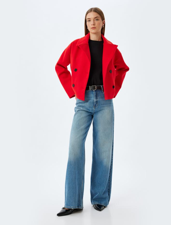  Kruvaze Kısa Kaşe Kaban Cepli Düğmeli