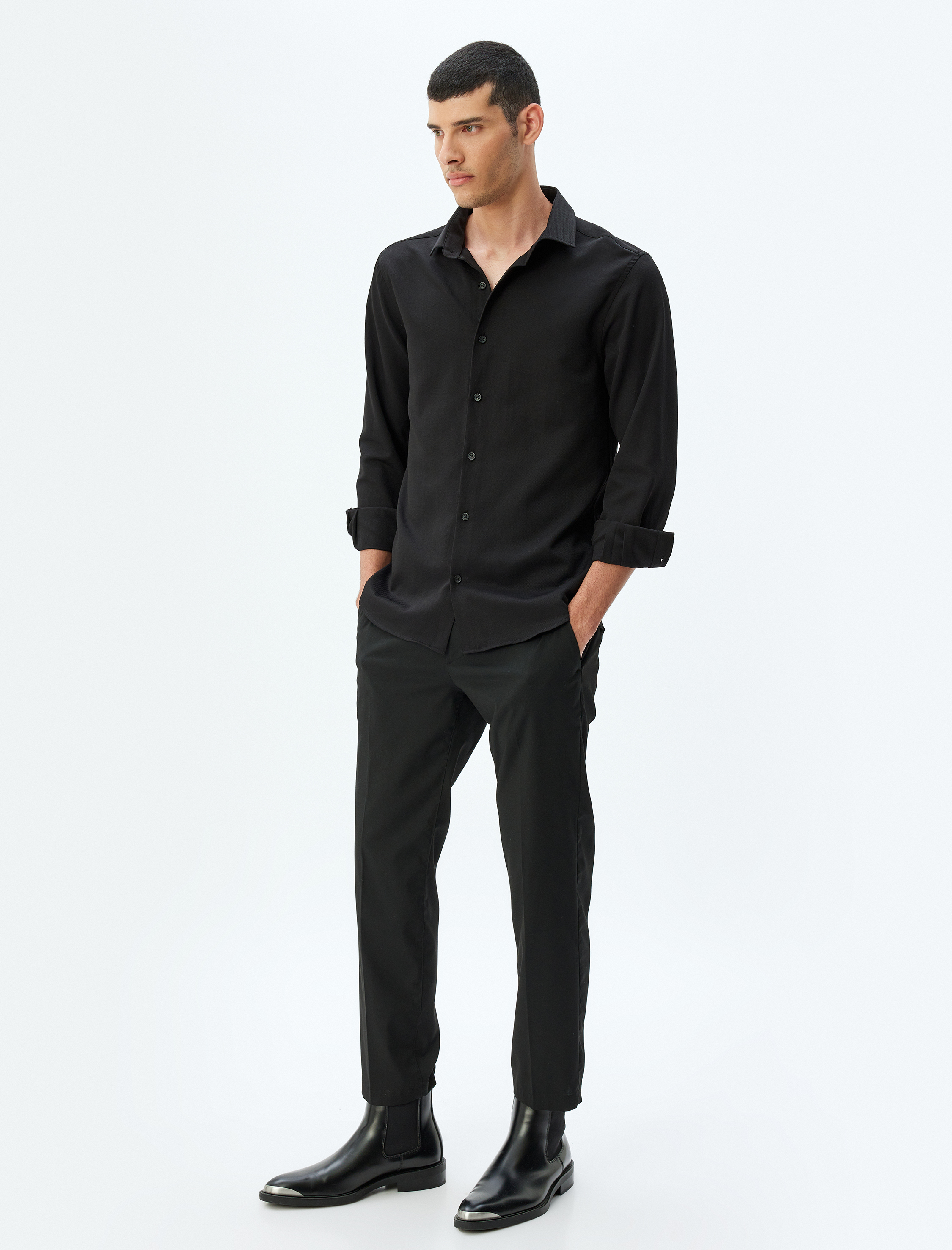   Klasik Gömlek Uzun Kollu Slim Fit Yarım İtalyan Yaka Pamuk Karışımlı