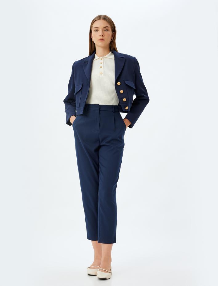  Havuç Kesim Kumaş Pantolon Kısa Paça Cepli