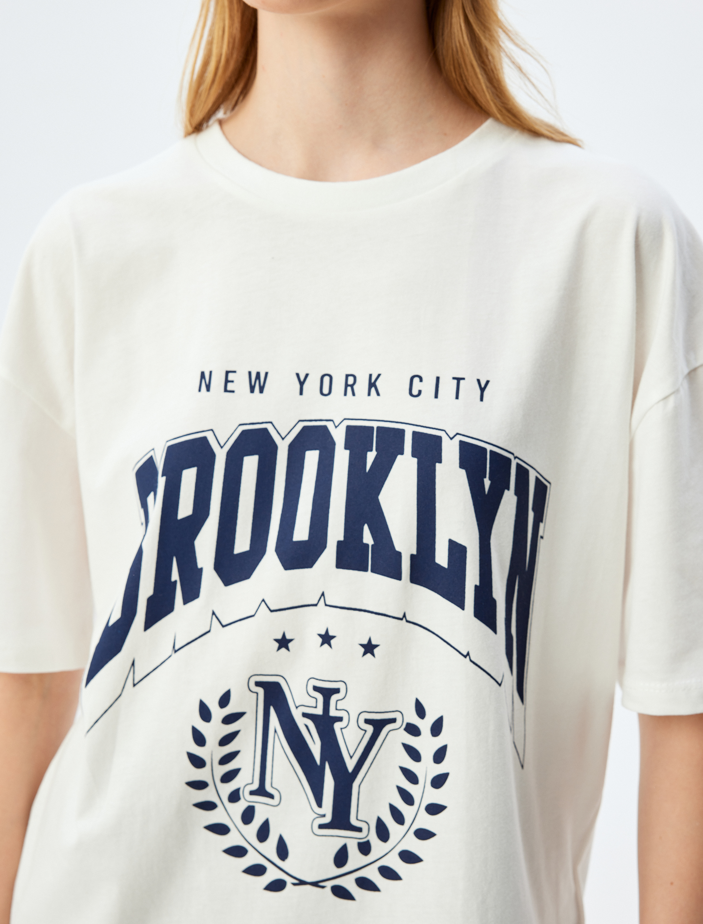   Oversize Tişört Kolej Baskılı Bisiklet Yaka Kısa Kollu Pamuklu