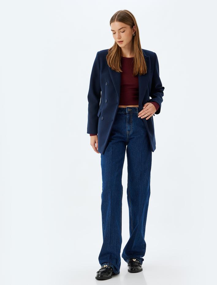  Koton X Sima Tarkan - Yüksek Bel Kot Pantolon Uzun Düz Paça Düğmeli Cepli - Long Straight Fit Jean