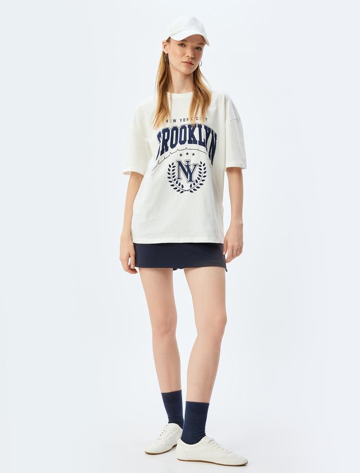  Oversize Tişört Kolej Baskılı Bisiklet Yaka Kısa Kollu Pamuklu