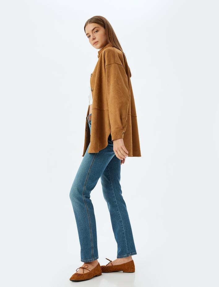  Düz Paça Kot Pantolon Normal Bel Dar Kesim Düğmeli Cepli - Slim Straight Fit Jean