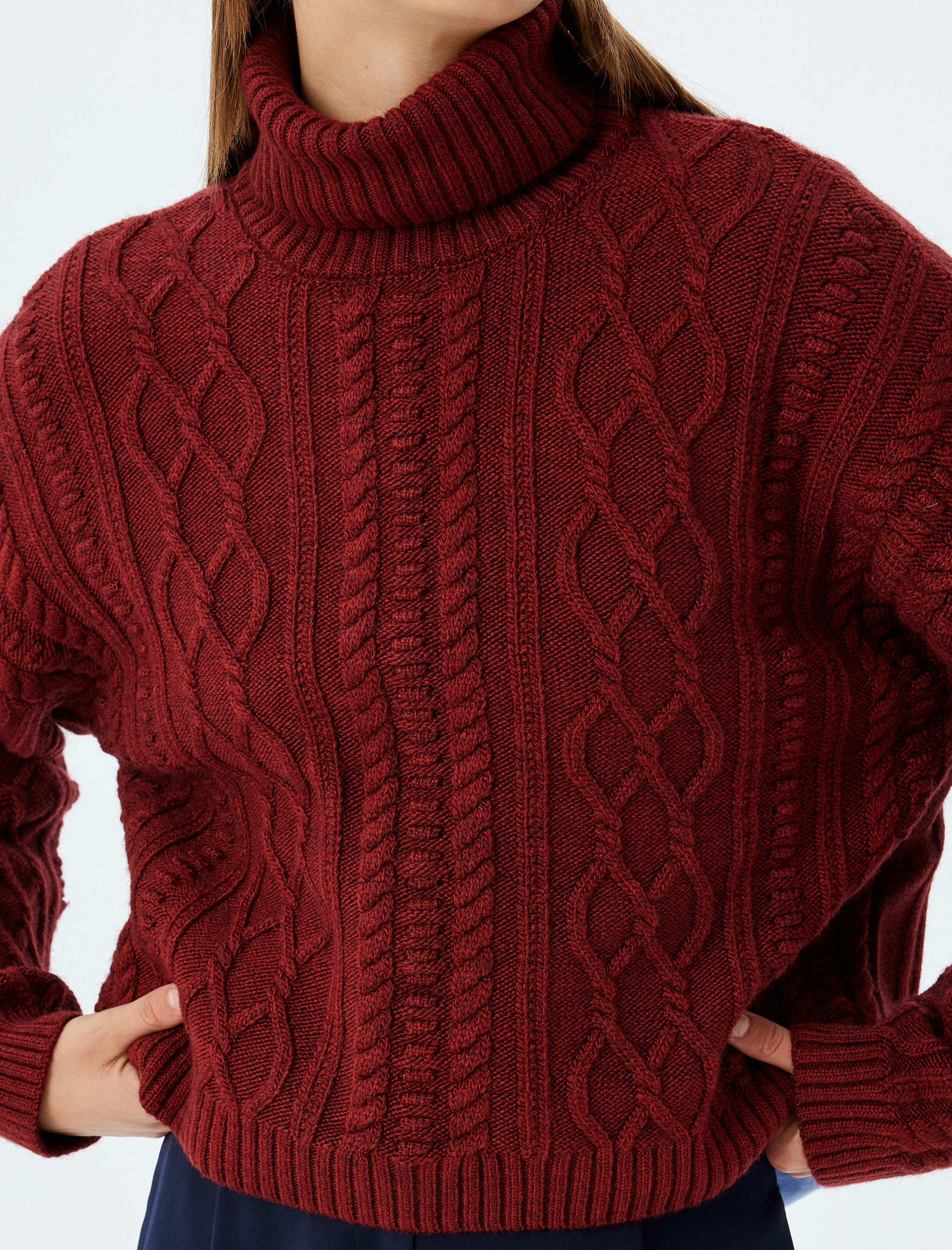   Balıkçı Yaka Oversize Kazak Saç Örgü Uzun Kollu