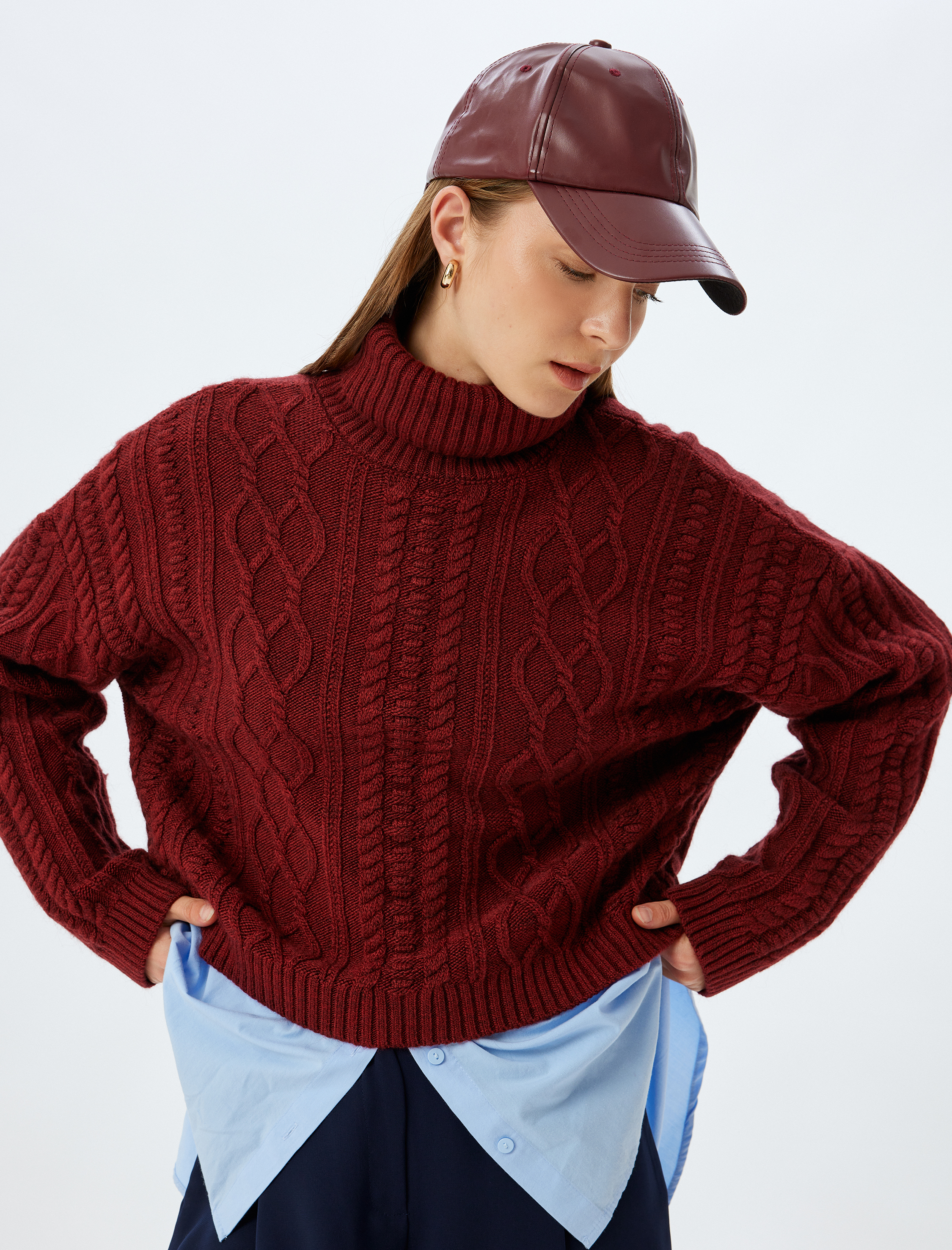   Balıkçı Yaka Oversize Kazak Saç Örgü Uzun Kollu