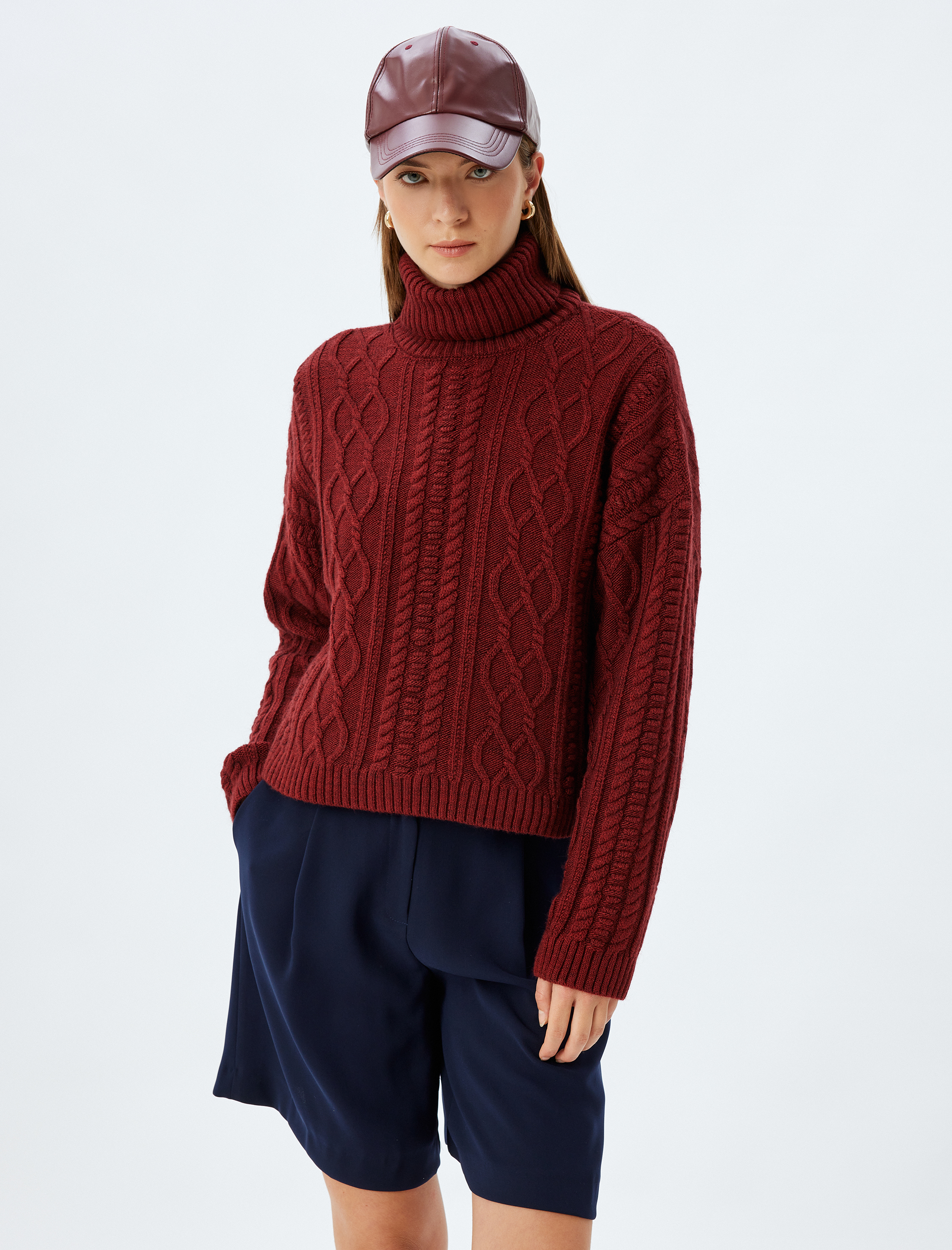   Balıkçı Yaka Oversize Kazak Saç Örgü Uzun Kollu