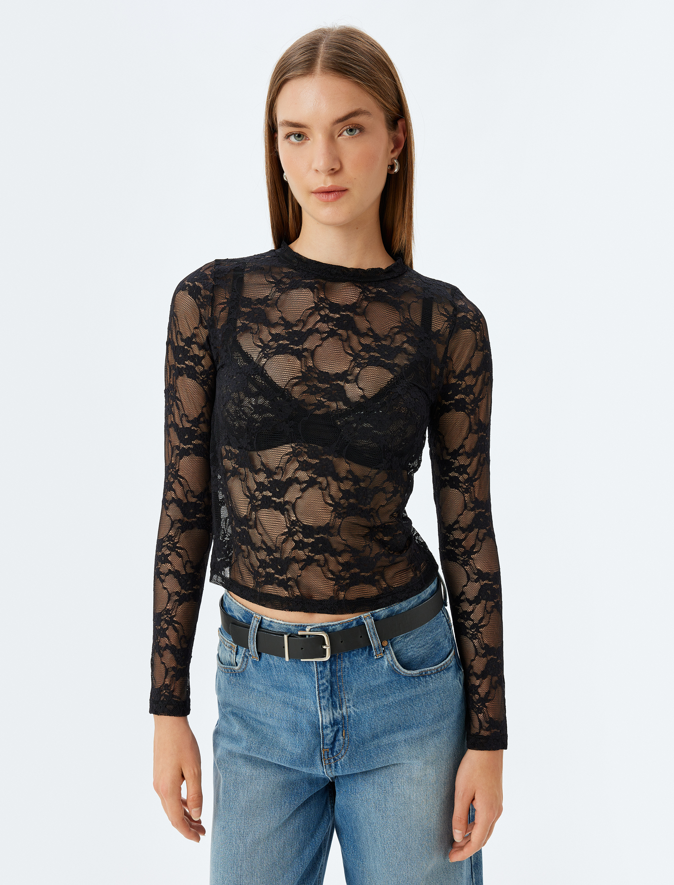   Uzun Kollu Bisiklet Yaka Transparan Tül Dantel Tişört