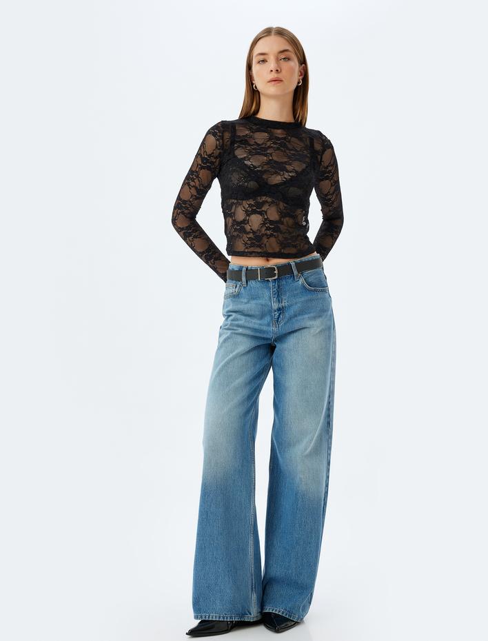  Uzun Kollu Bisiklet Yaka Transparan Tül Dantel Tişört