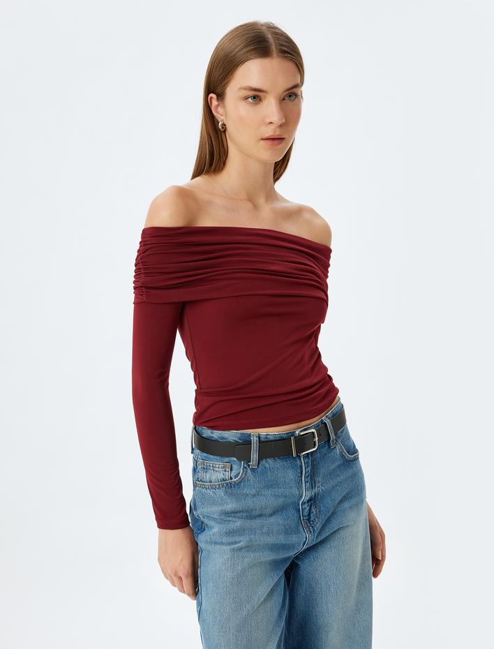  Madonna Yaka Omzu Açık Bluz Uzun Kollu Kat Detaylı