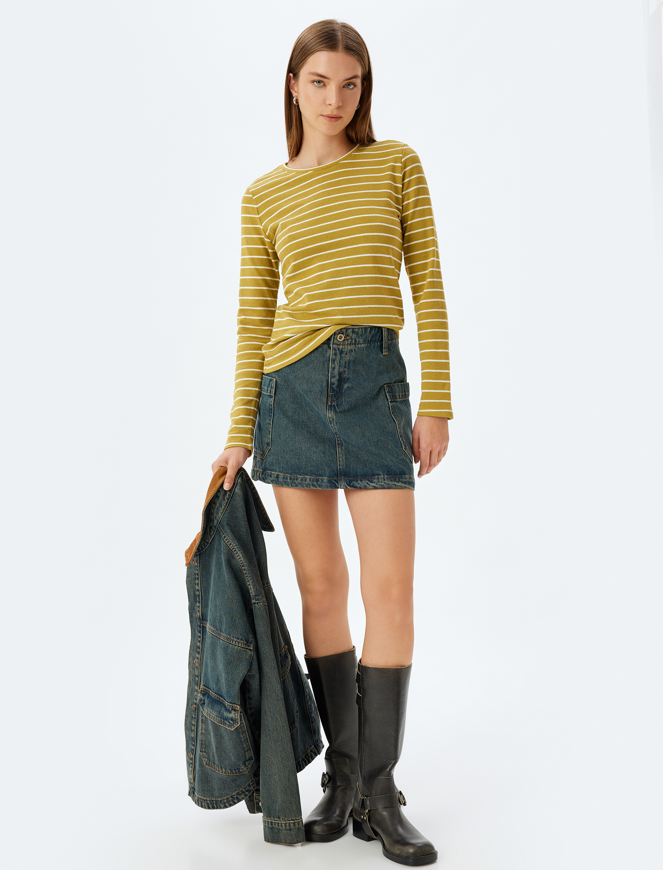   Bisiklet Yaka Pamuklu Uzun Kollu Çizgili Tişört