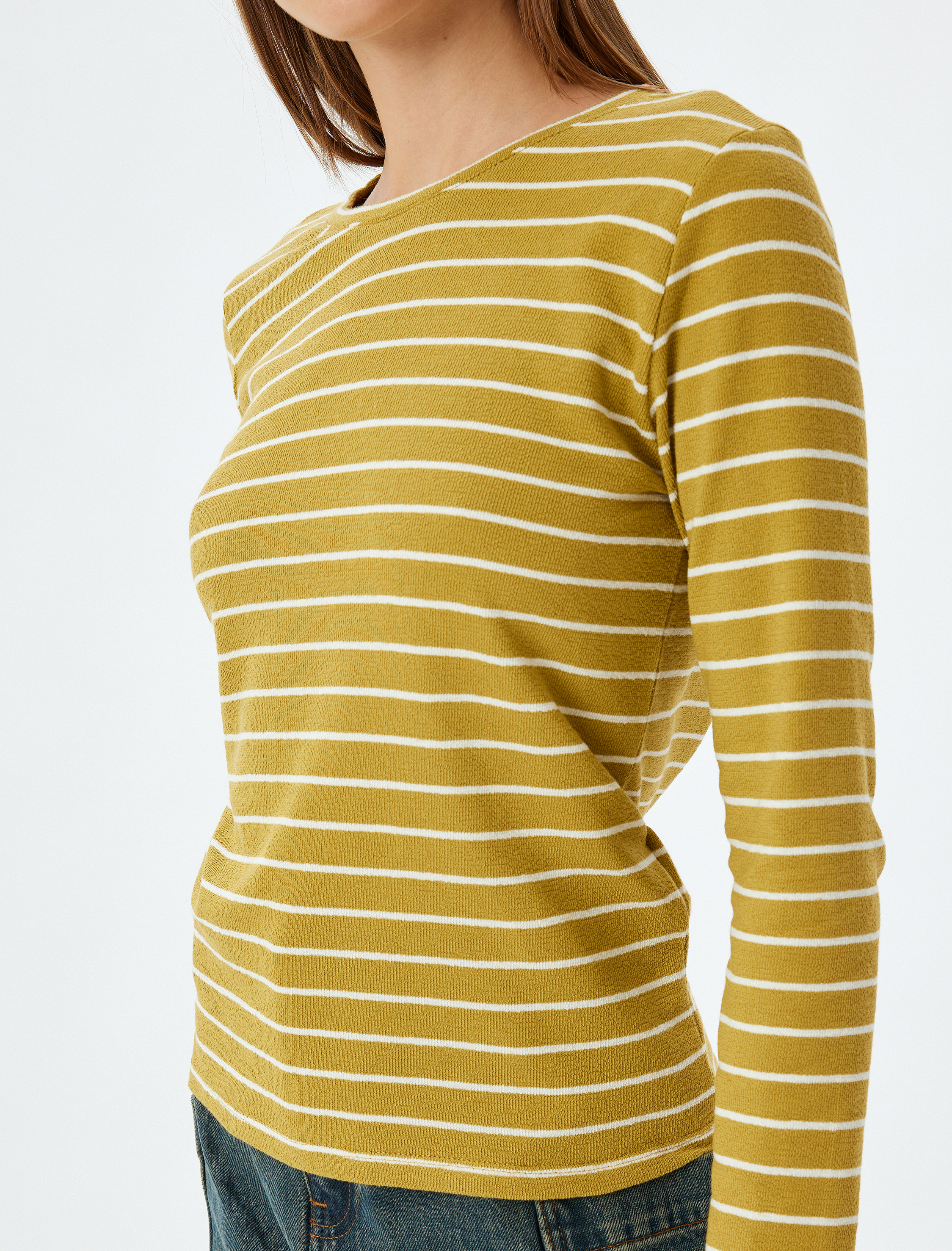   Bisiklet Yaka Pamuklu Uzun Kollu Çizgili Tişört