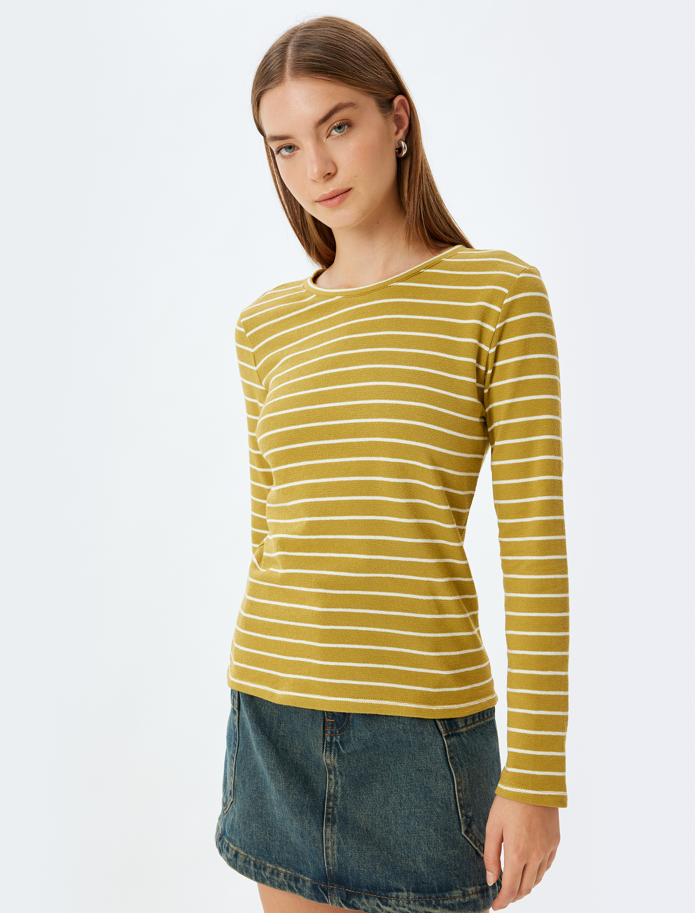   Bisiklet Yaka Pamuklu Uzun Kollu Çizgili Tişört