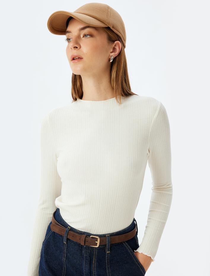  Uzun Kollu Tişört Yuvarlak Yaka Dokulu Slim Fit Viskon Kumaş