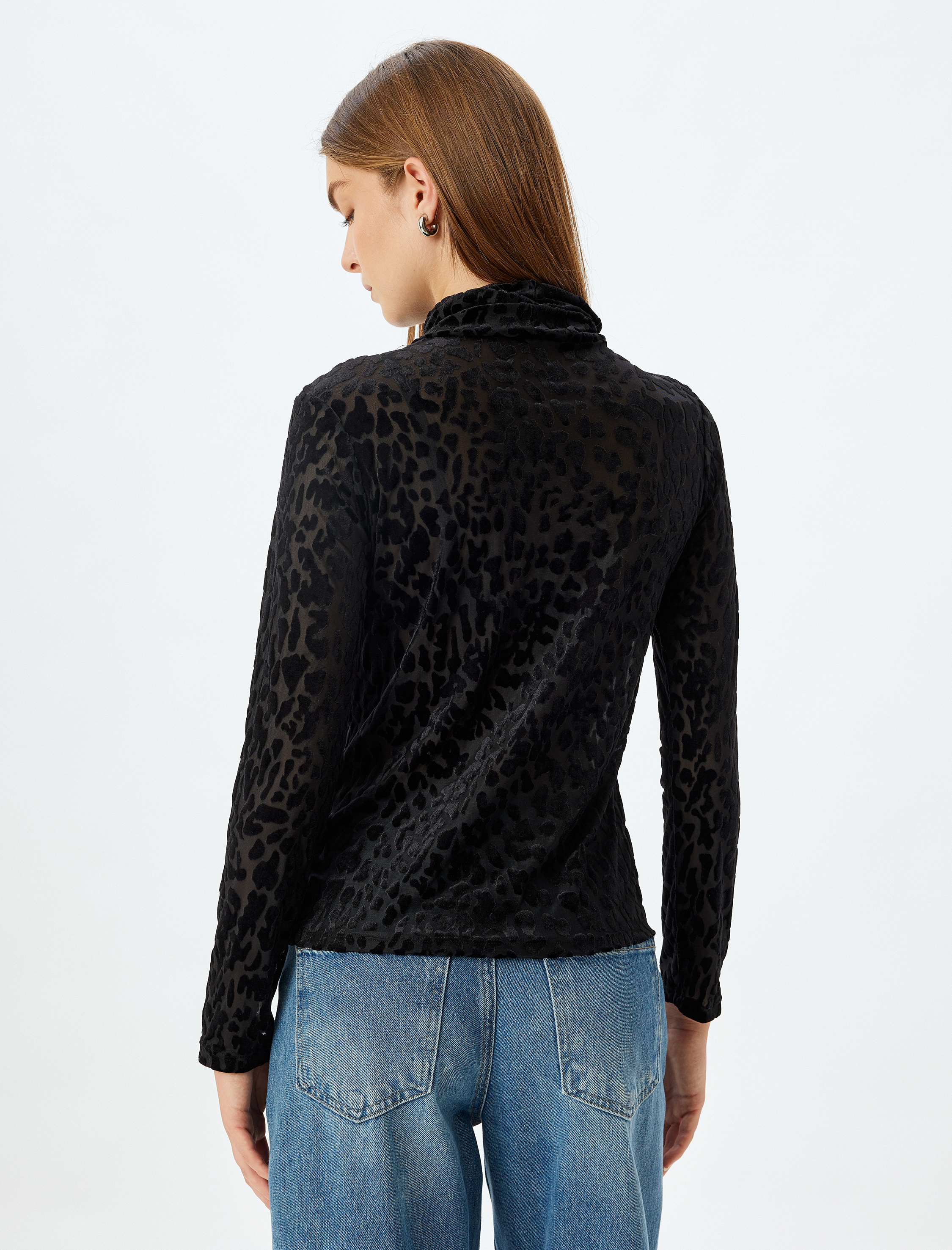   Leopar Desenli Yarı Transparan Kadife Body Dik Yaka Uzun Kollu Slim Fit