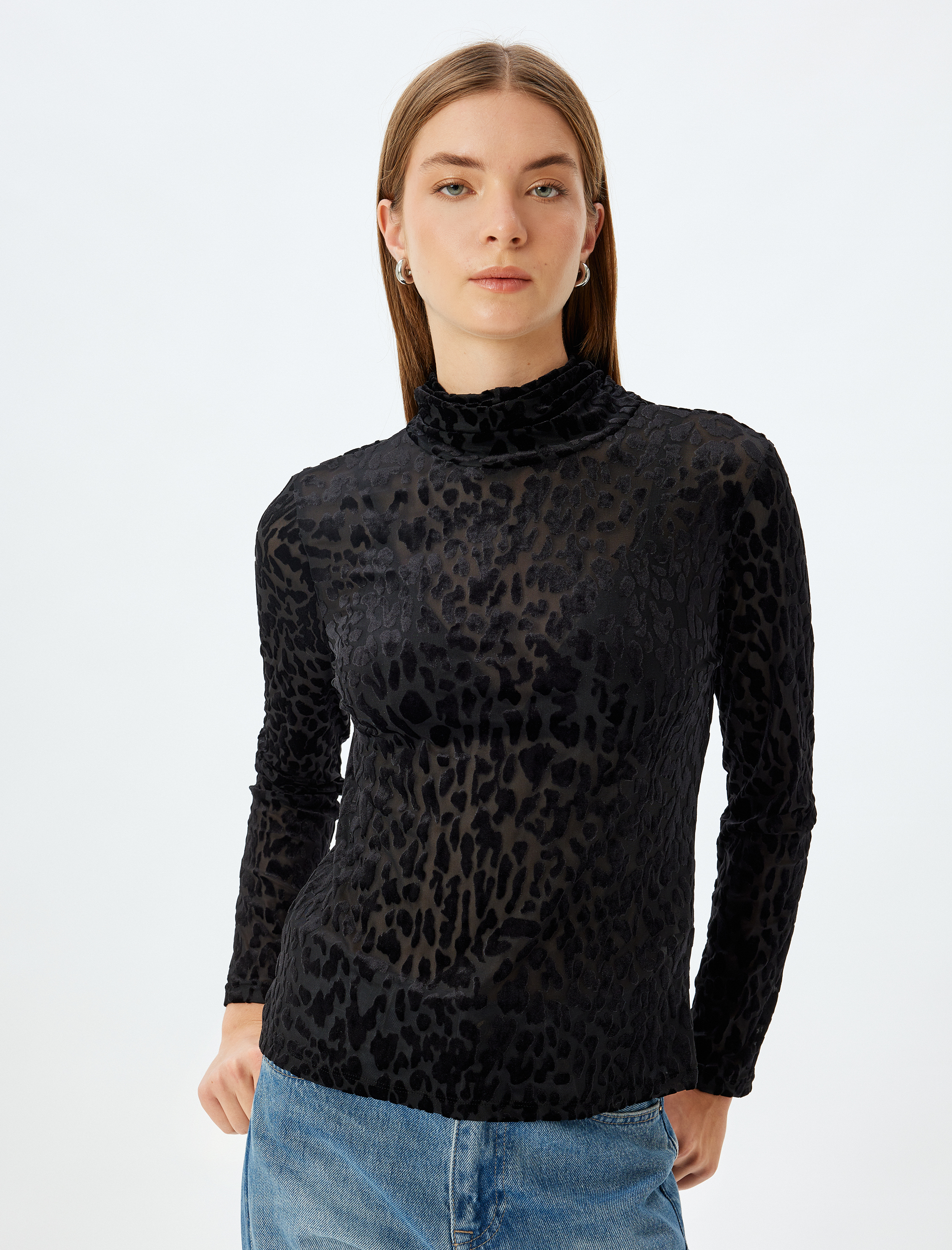   Leopar Desenli Yarı Transparan Kadife Body Dik Yaka Uzun Kollu Slim Fit