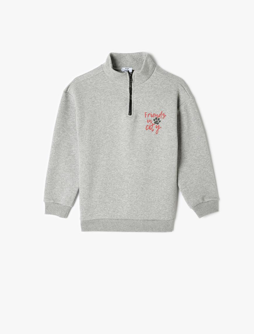  Erkek Çocuk Sweatshirt Dik Yaka Yarım Fermuarlı Cepli Baskı Detaylı