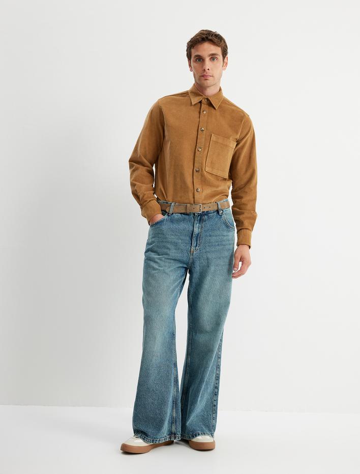  Pamuklu Regular Fit Fitilli Kadife Uzun Kollu Gömlek