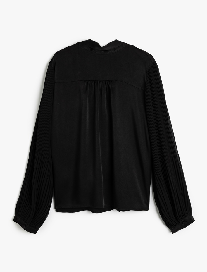  Şal Yaka Pileli Saten Gömlek Uzun Kollu