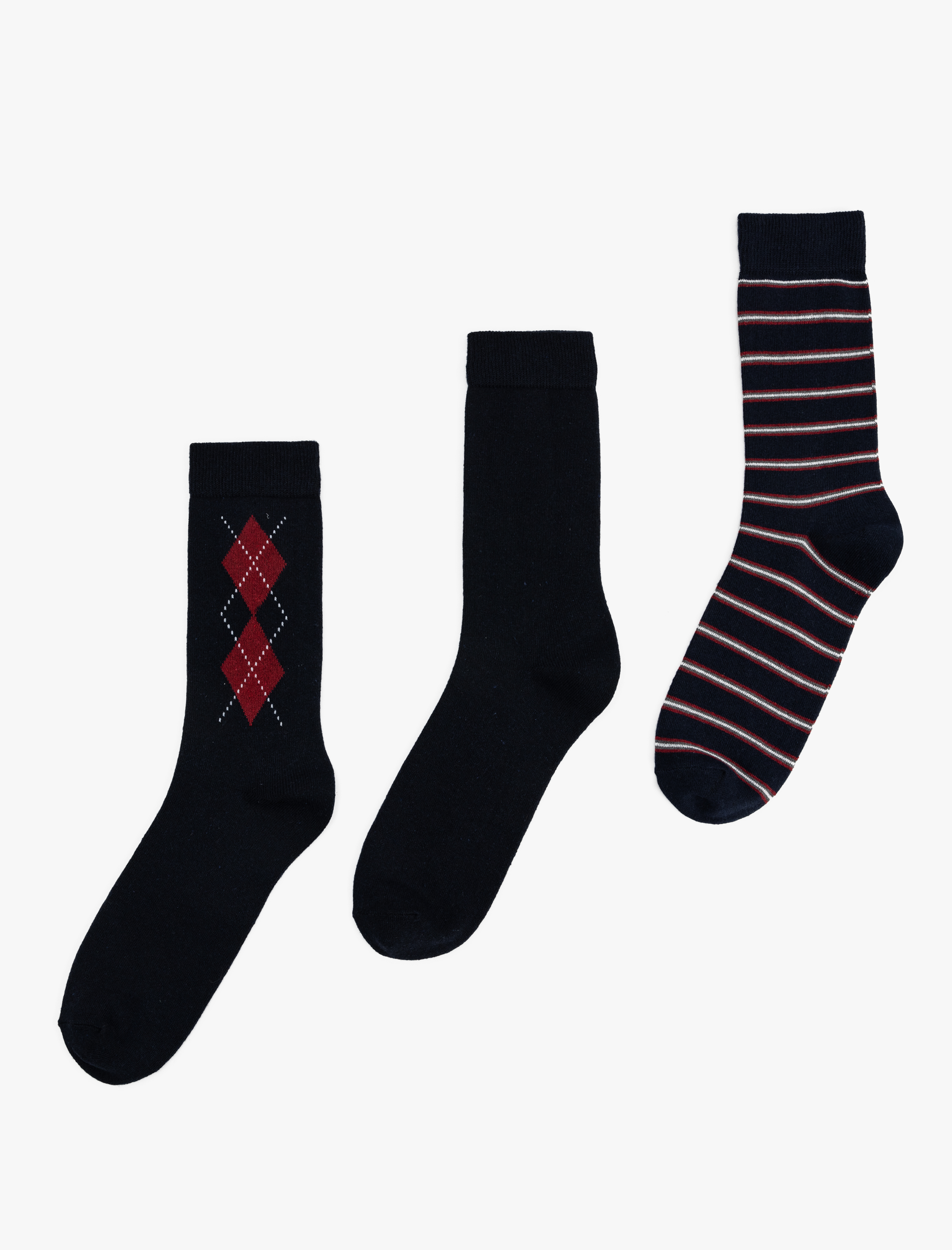  Erkek 3'lü Soket Çorap Seti Geometrik Desenli Pamuk Karışımlı