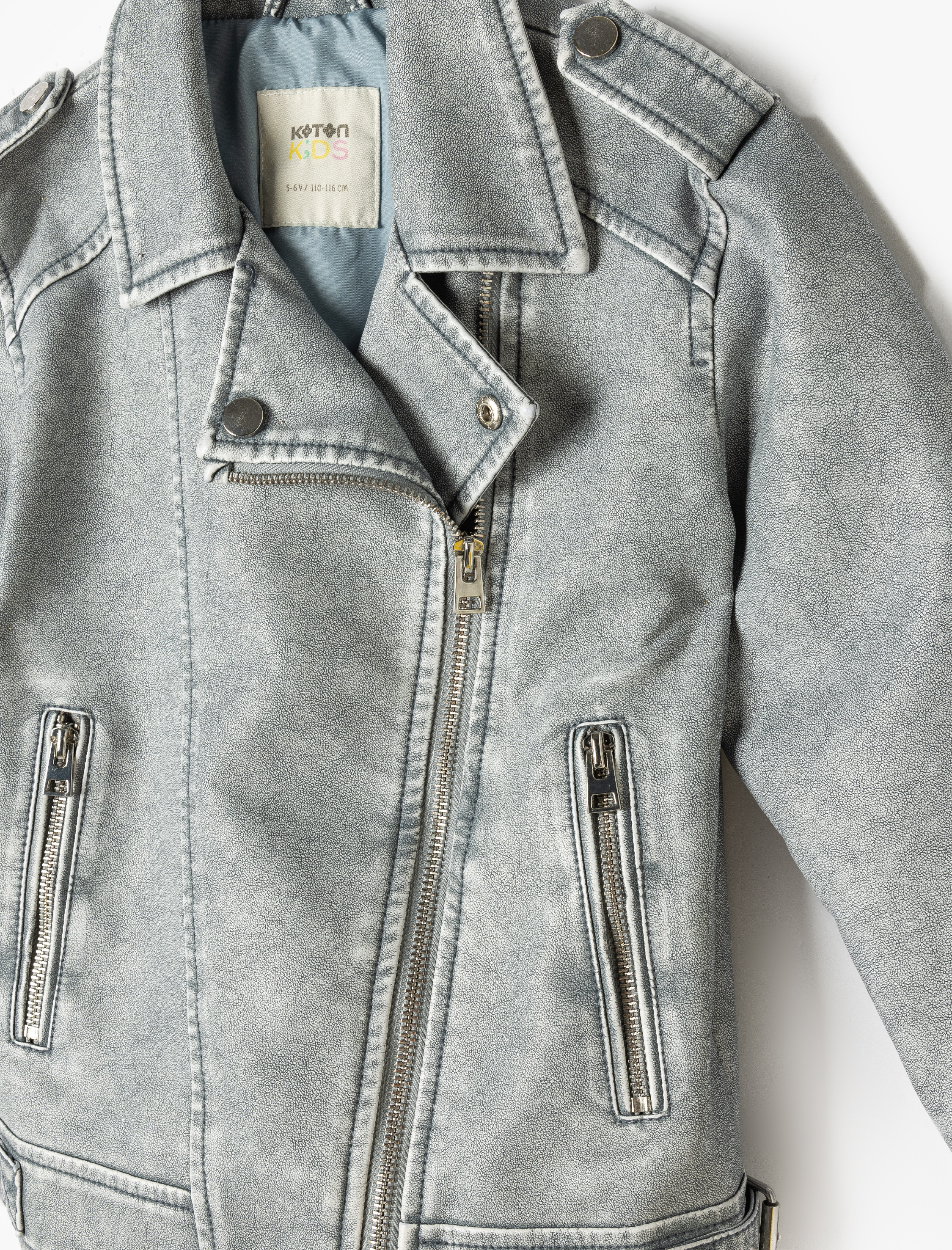  Kız Çocuk Suni Deri Biker Ceket Fermuarlı Cep Detaylı