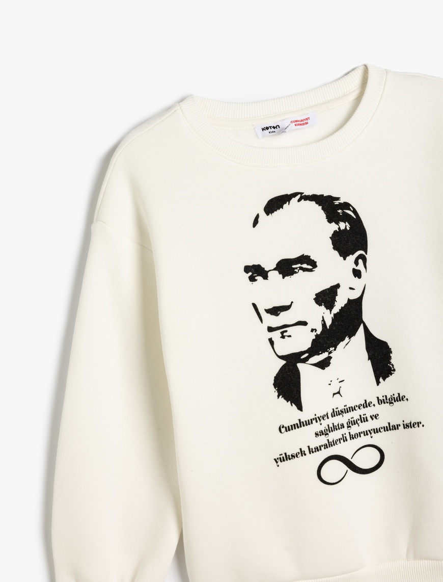  Kız Çocuk Atatürk Baskılı Sweatshirt Uzun Kollu Bisiklet Yaka Şardonlu