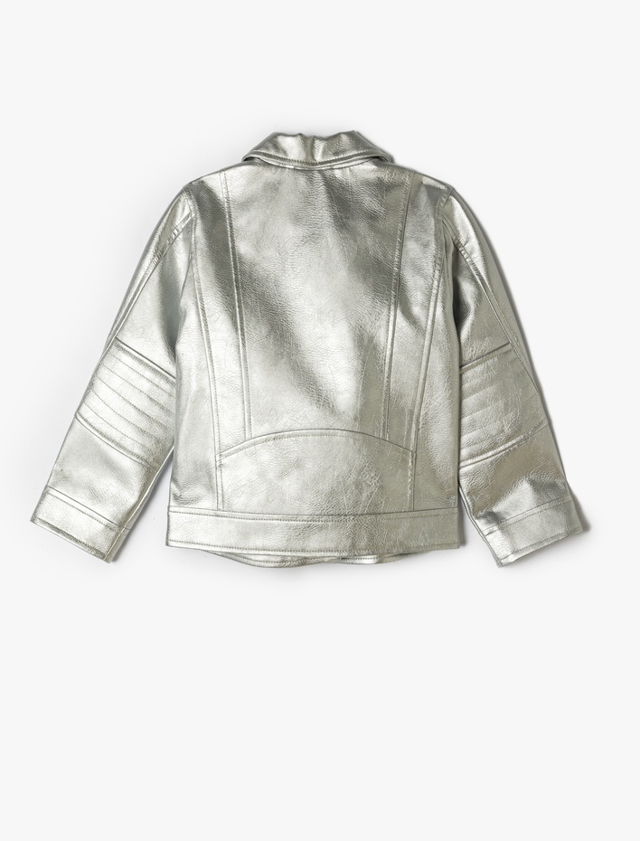 Kız Çocuk Metalik Parlak Suni Deri Biker Ceket