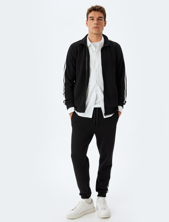  Fermuarlı Hırka Dik Yaka Biyeli Uzun Kollu Şardonlu Pamuk Karışımlı