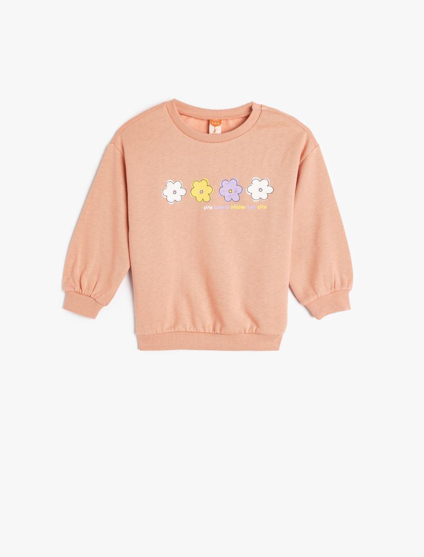  Kız Bebek Sweatshirt Uzun Kollu Çiçek Baskılı Bisiklet Yaka Şardonlu Pamuklu