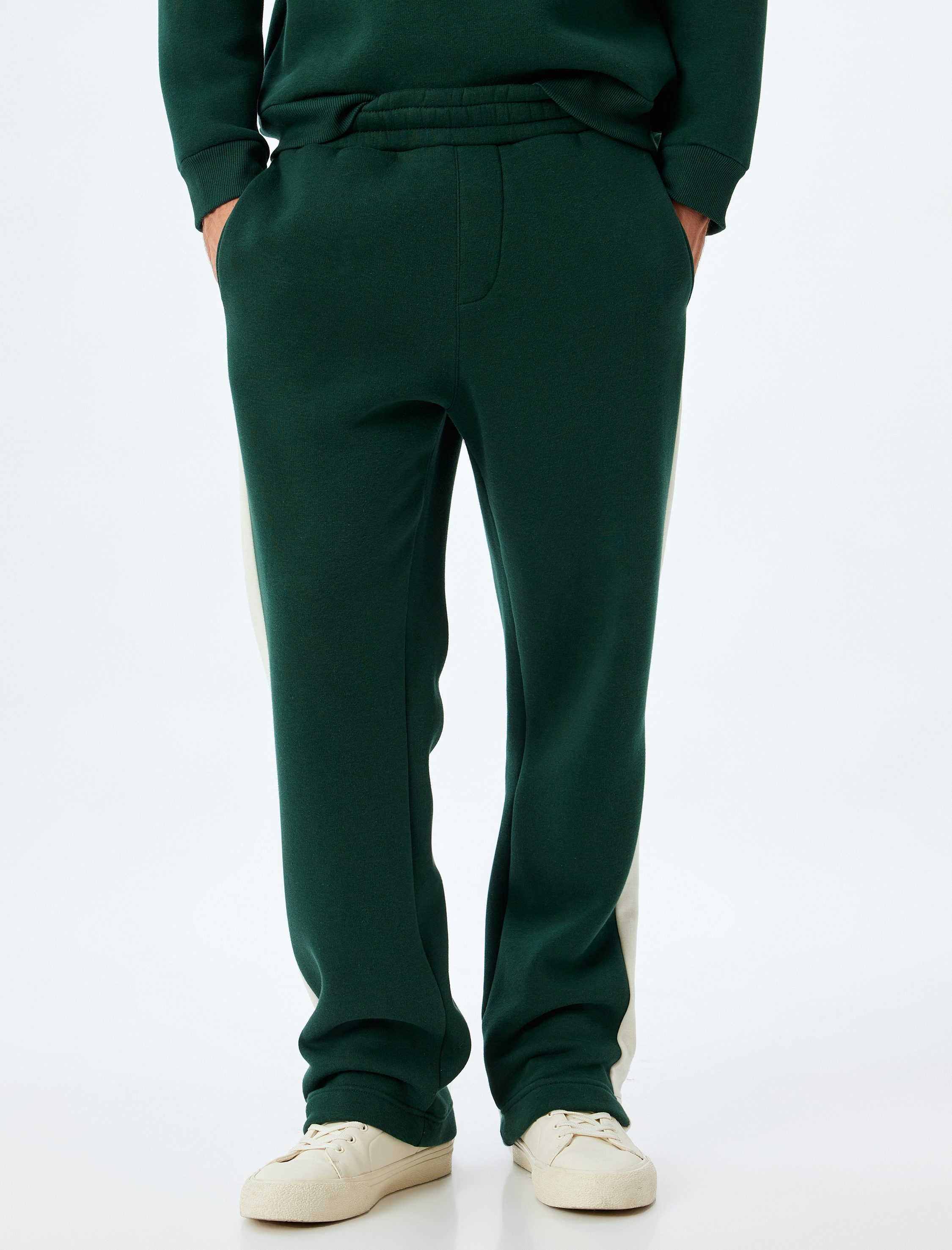   Kışlık Eşofman Altı Beli Lastikli Renk Bloklu Cep Detaylı Şardonlu Pamuk Karışımlı