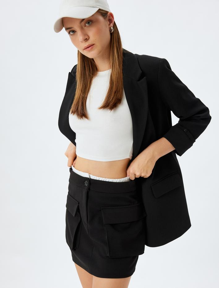  Kargo Cepli Krep Scuba Kumaş Çift Bel Detaylı Mini Etek