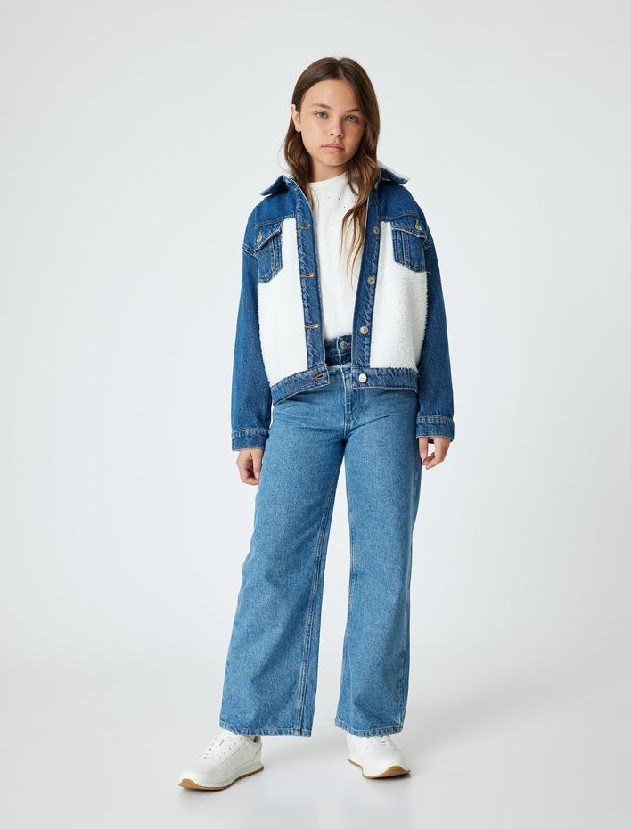 Kız Çocuk Kot Ceket Peluş Detaylı Kapaklı Cepli Pamuklu Uzun Kollu