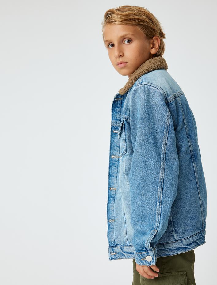 Erkek Çocuk Kot Ceket Peluş Detaylı Kapaklı Cepli Pamuklu Uzun Kollu