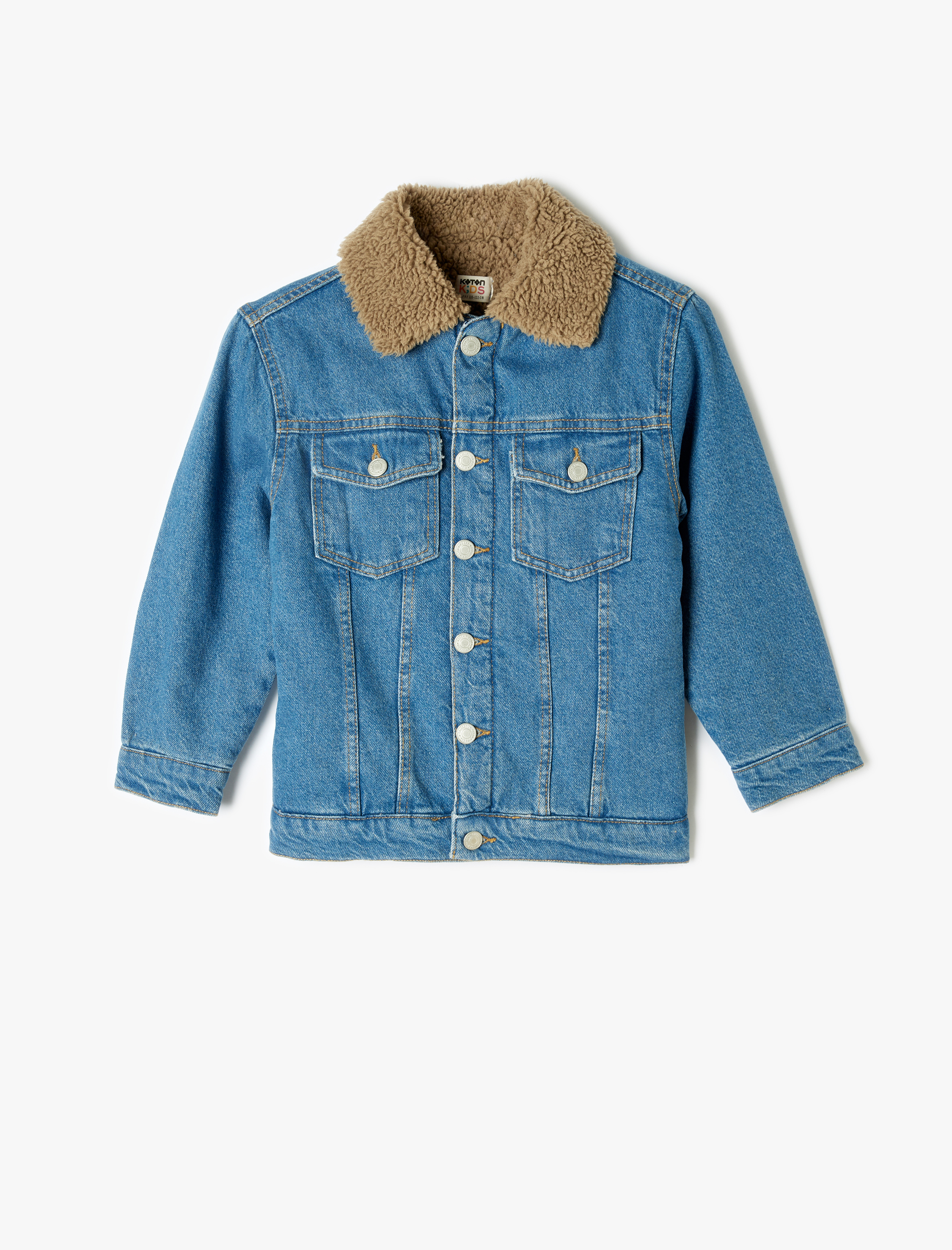  Erkek Çocuk Kot Ceket Peluş Detaylı Kapaklı Cepli Pamuklu Uzun Kollu