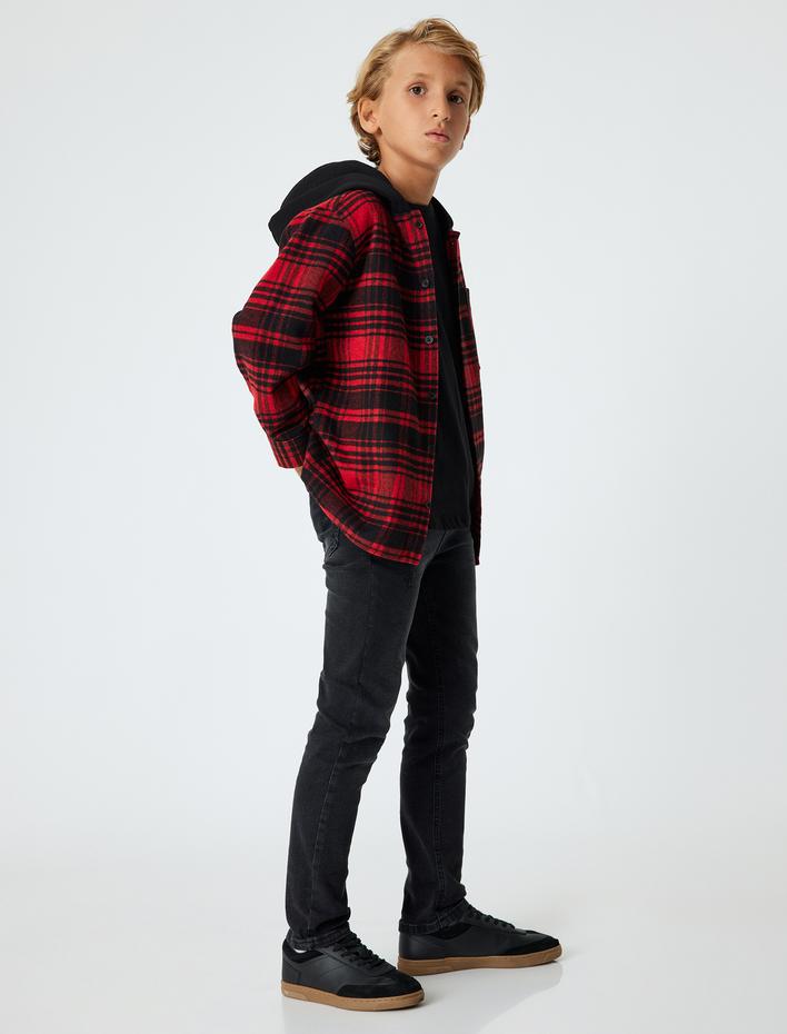 Erkek Çocuk Kapşonlu Oduncu Gömleği Cep Detaylı Uzun Kollu