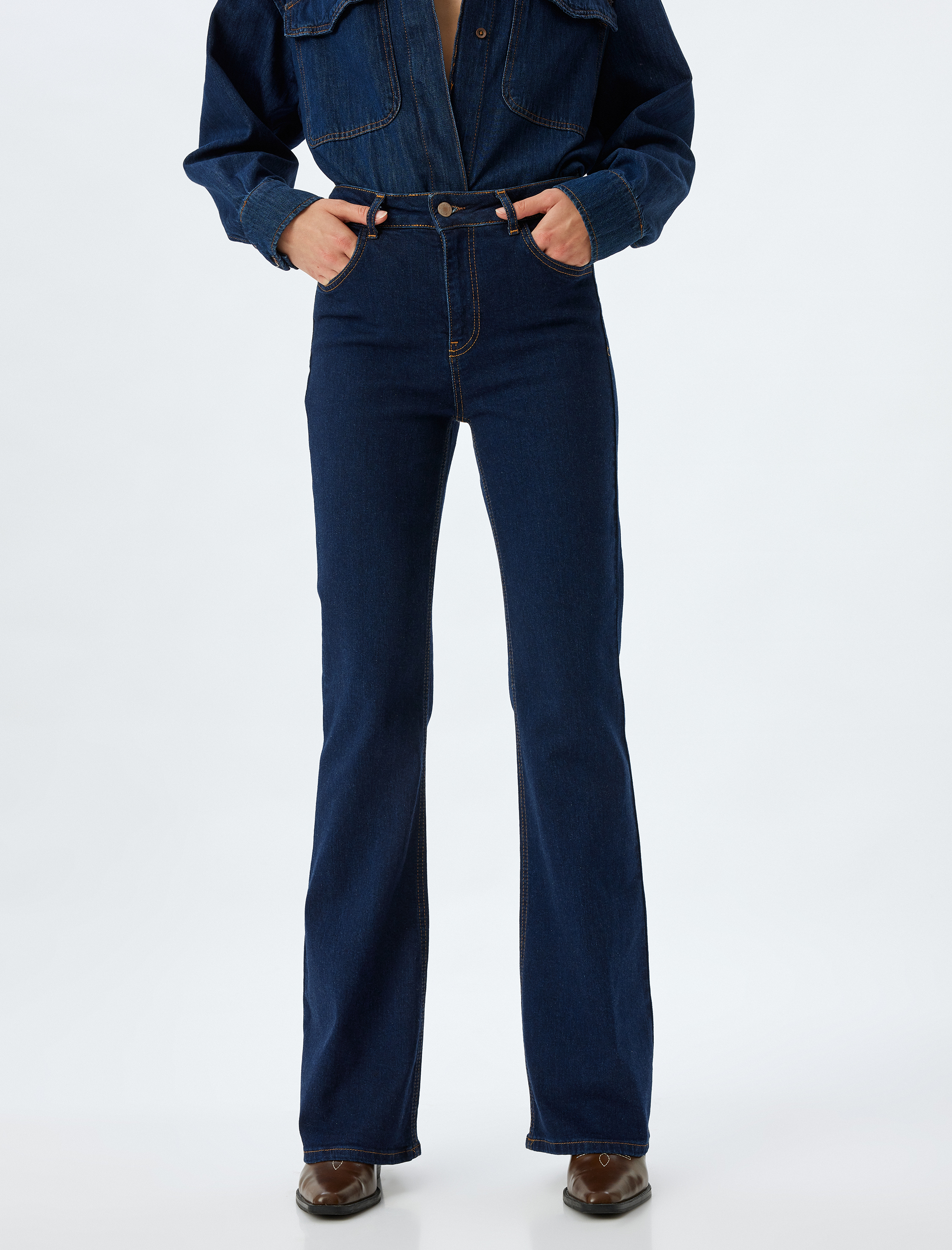   Yüksek Bel İspanyol Paça Düğmeli Slim Fit Cepli Kot Pantolon - Flare Jeans