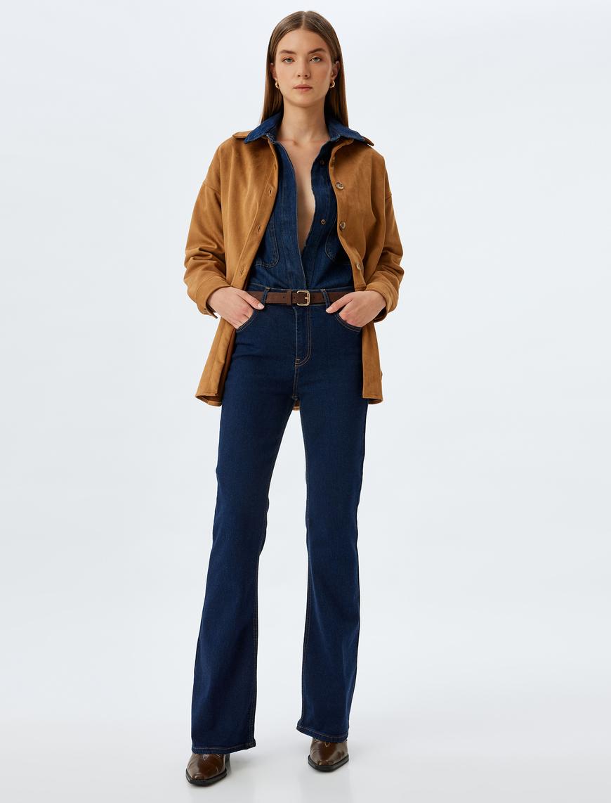   Yüksek Bel İspanyol Paça Düğmeli Slim Fit Cepli Kot Pantolon - Flare Jeans