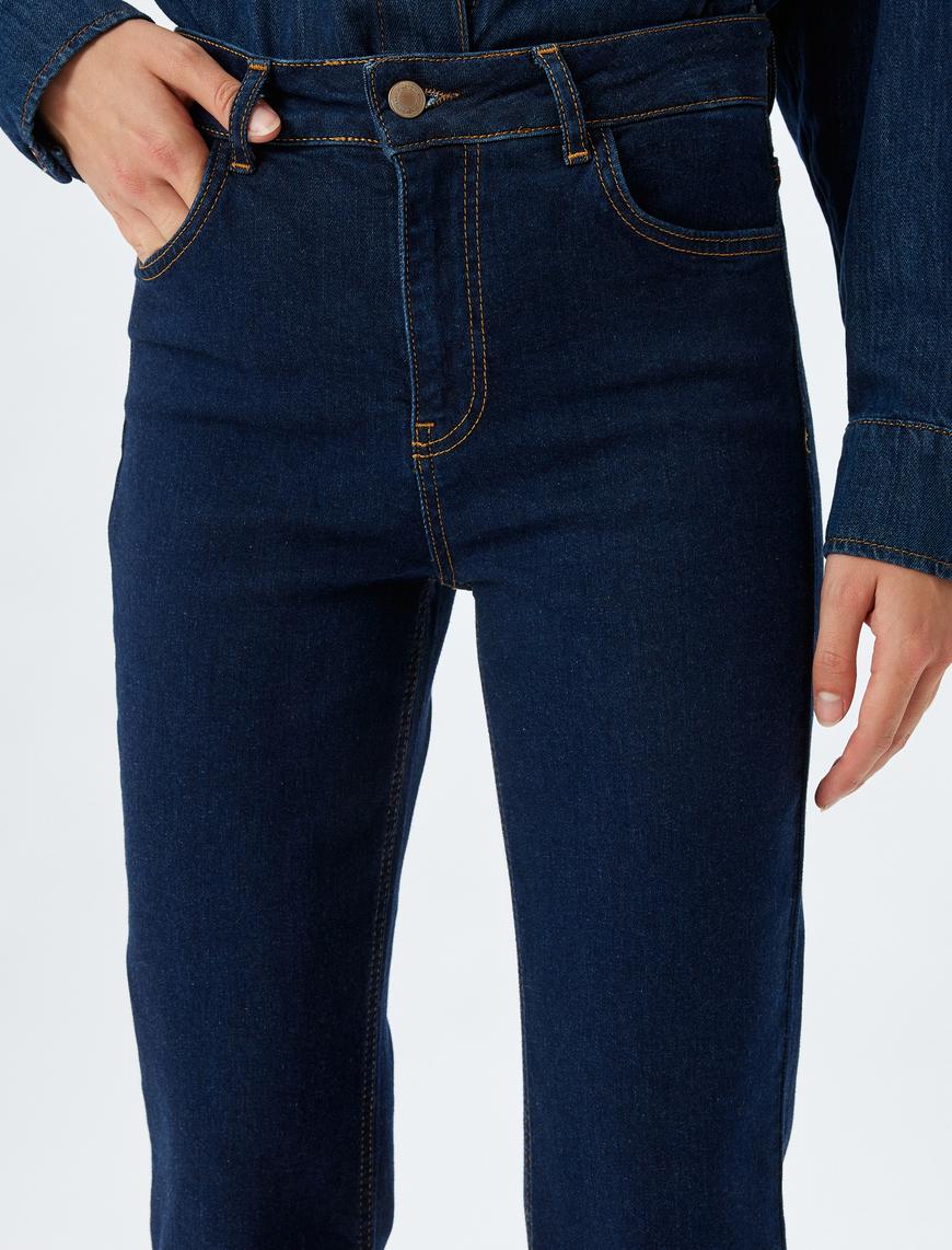   Yüksek Bel İspanyol Paça Düğmeli Slim Fit Cepli Kot Pantolon - Flare Jeans