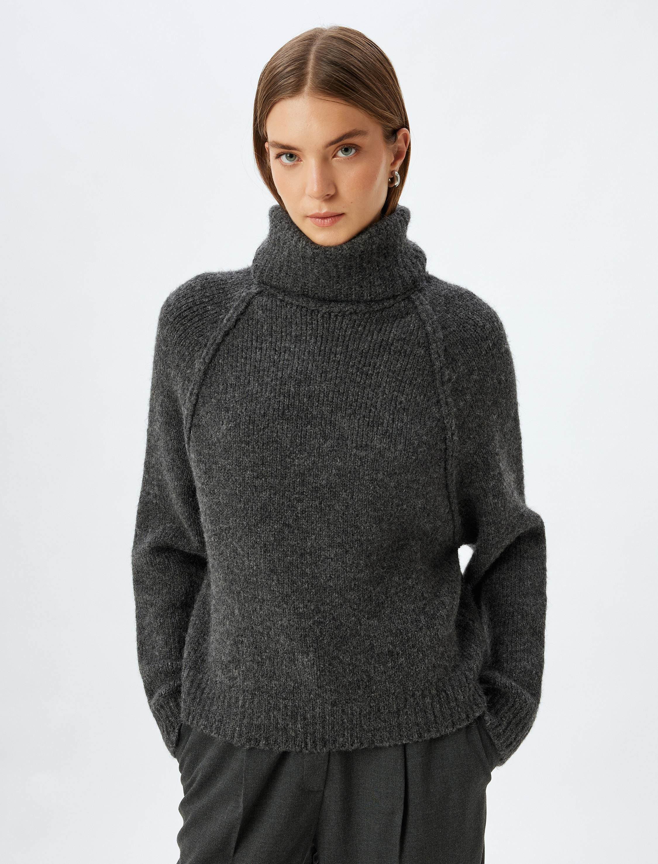   Oversize Örgü Kazak Balıkçı Yaka Uzun Kollu