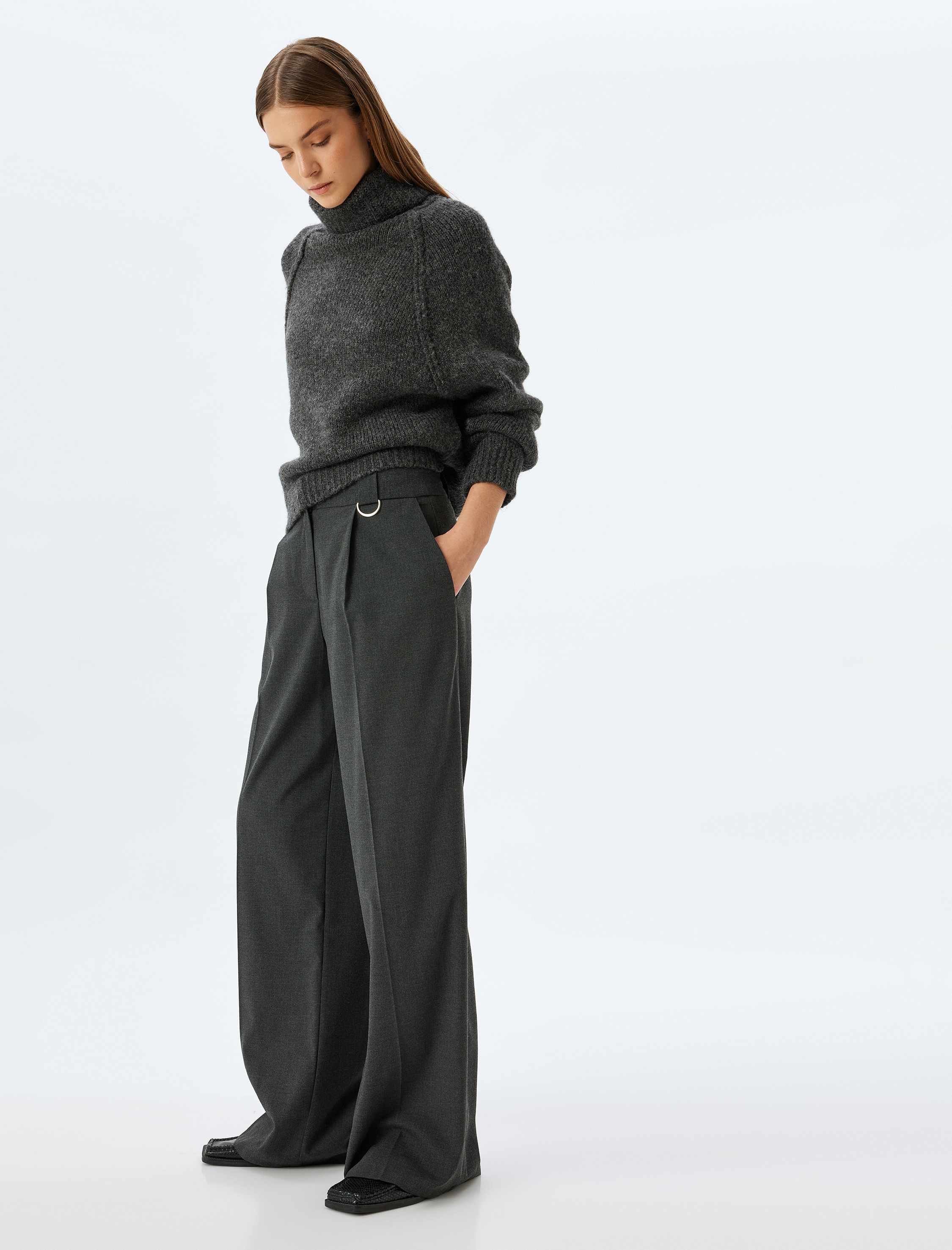   Oversize Örgü Kazak Balıkçı Yaka Uzun Kollu