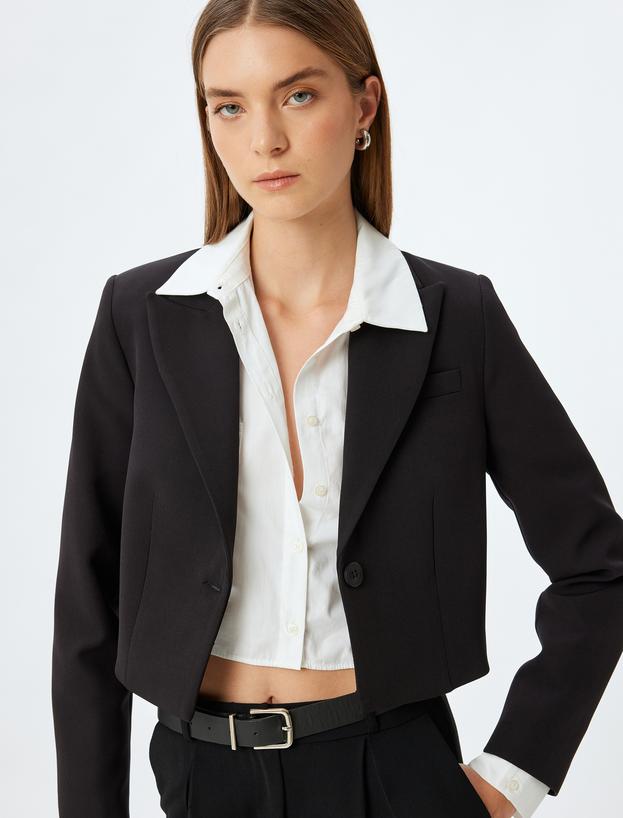 Crop Blazer Ceket Kruvaze Ters Yaka Düğmeli_0