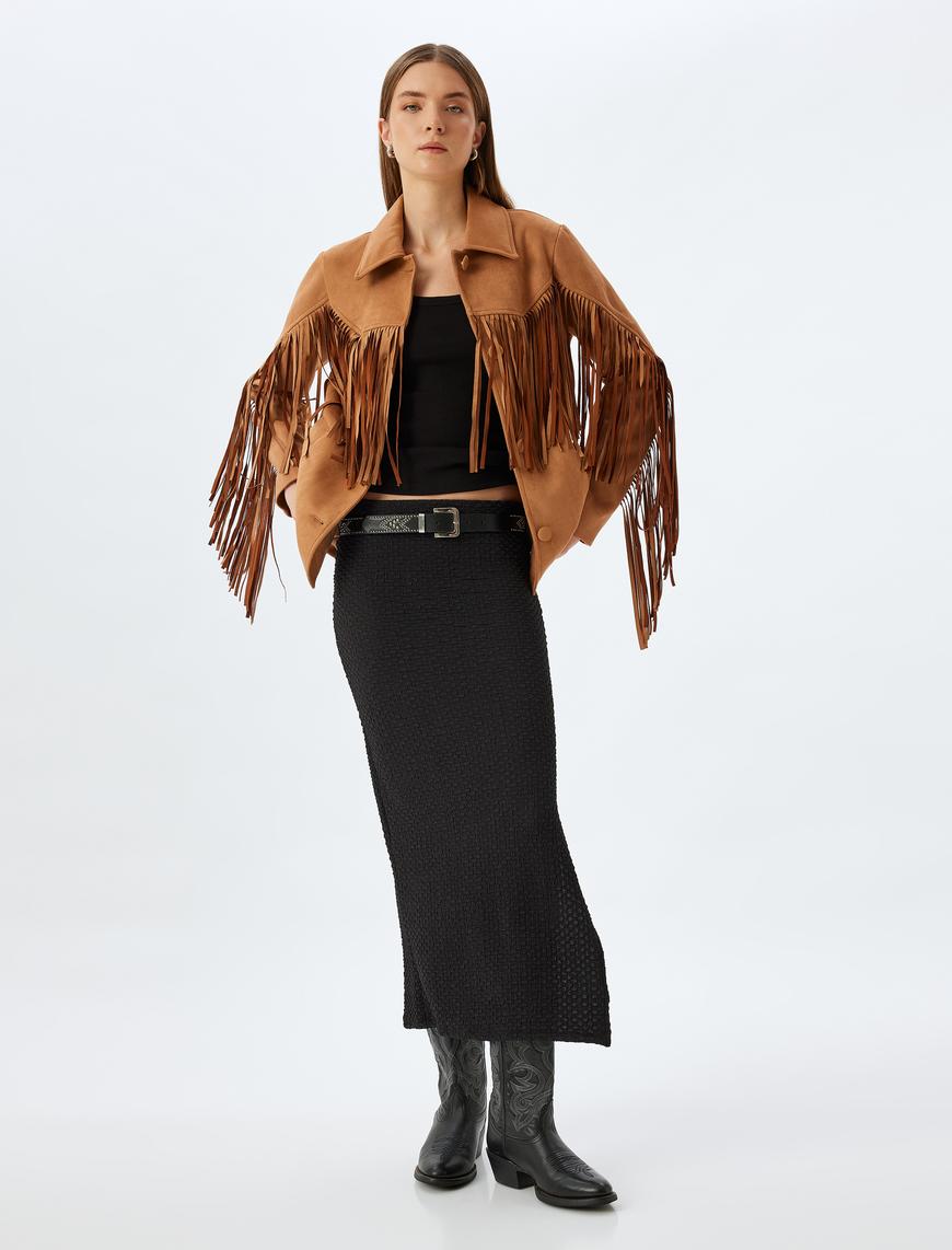  Midi Boy Kalem Etek Yandan Yırtmaçlı Dokulu Slim Fit Standart Bel