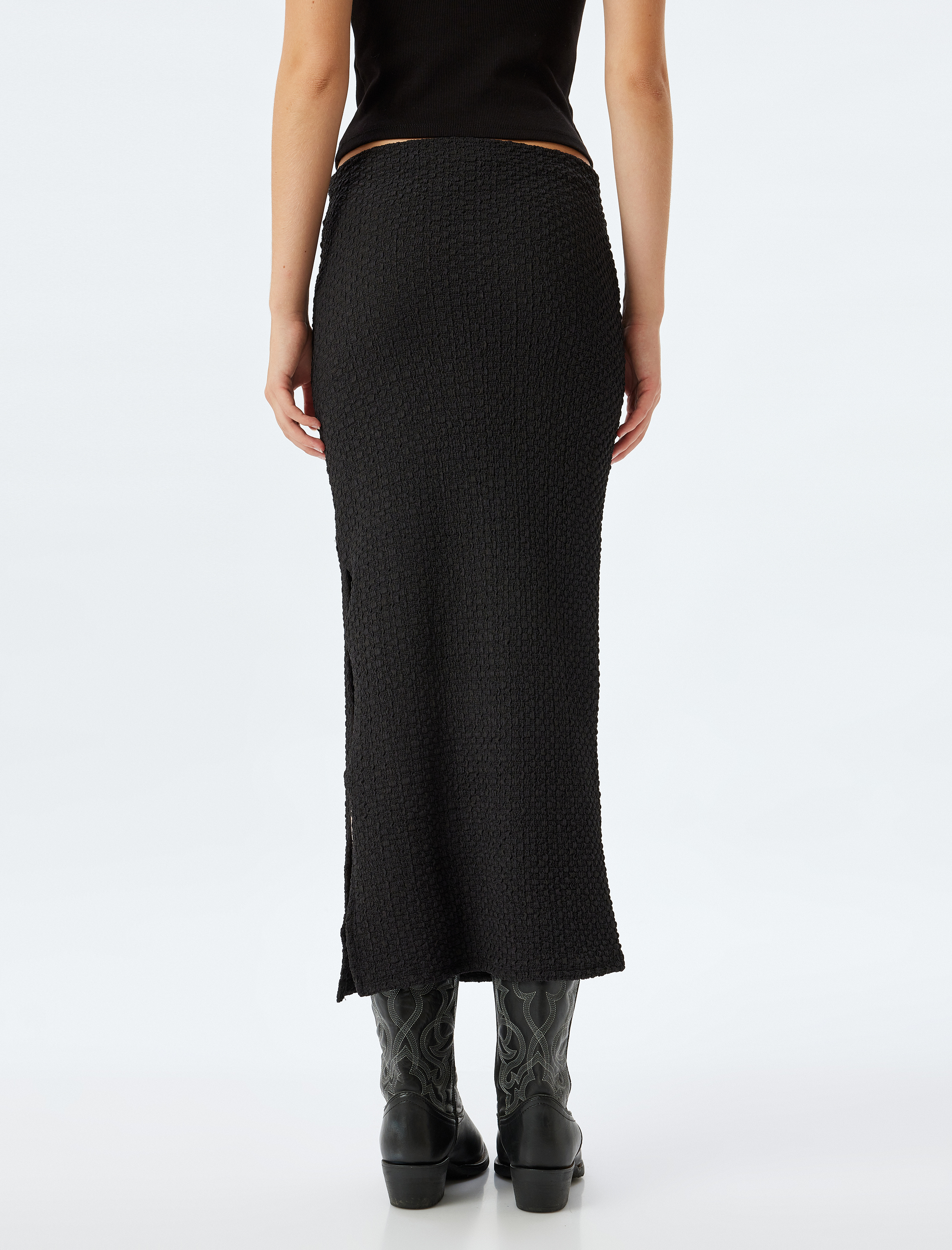   Midi Boy Kalem Etek Yandan Yırtmaçlı Dokulu Slim Fit Standart Bel