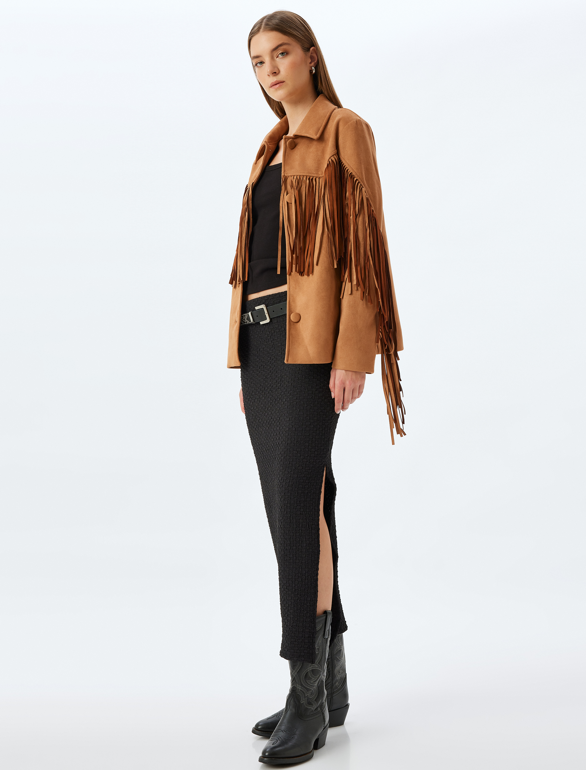   Midi Boy Kalem Etek Yandan Yırtmaçlı Dokulu Slim Fit Standart Bel