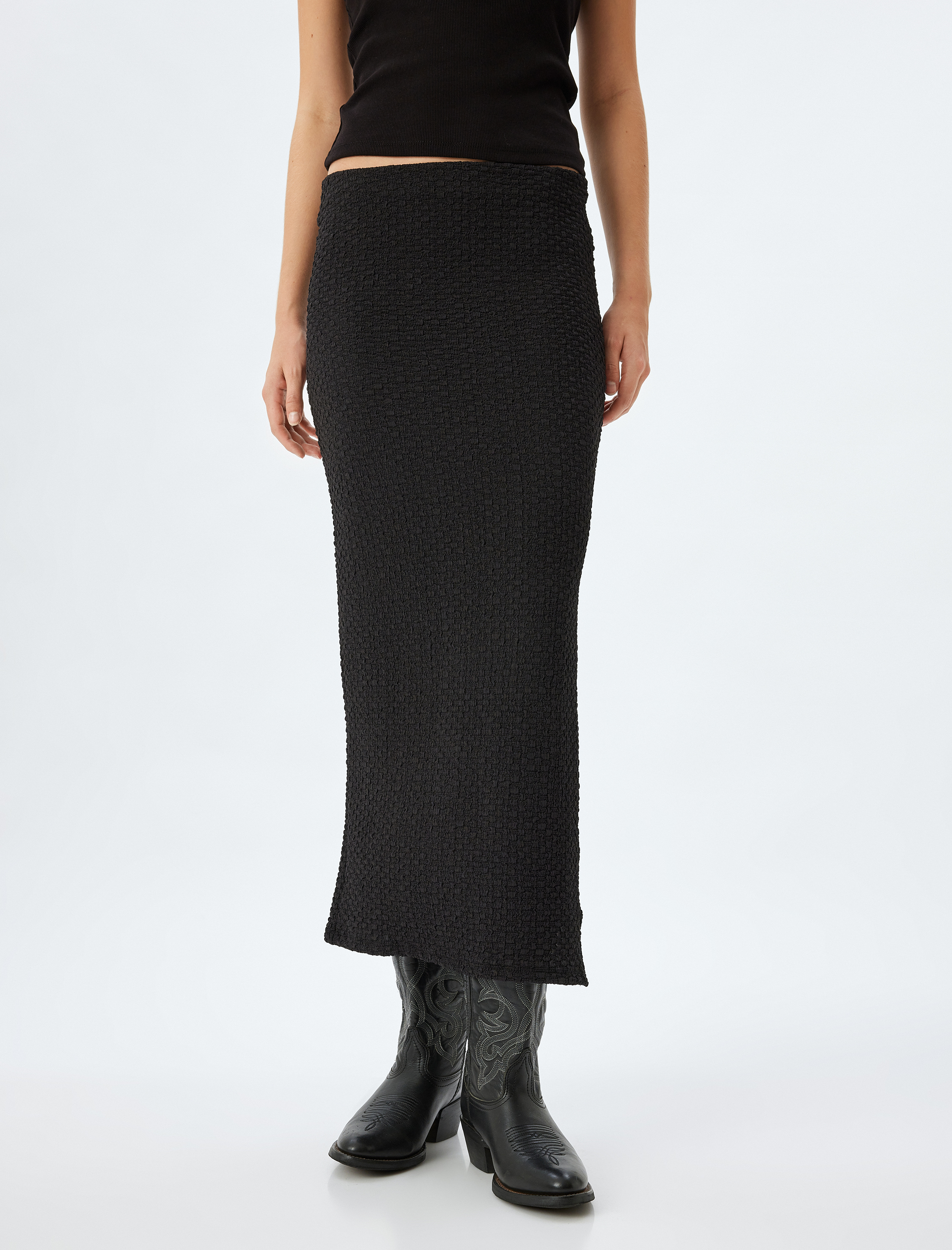   Midi Boy Kalem Etek Yandan Yırtmaçlı Dokulu Slim Fit Standart Bel