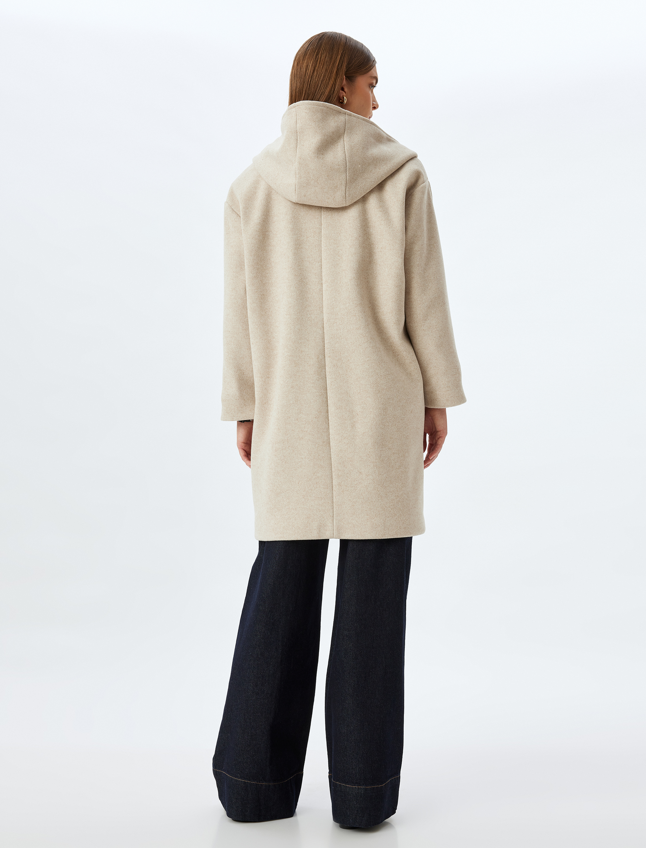   Düğmeli Cepli Uzun Kapüşonlu Oversize Kaşe Kaban