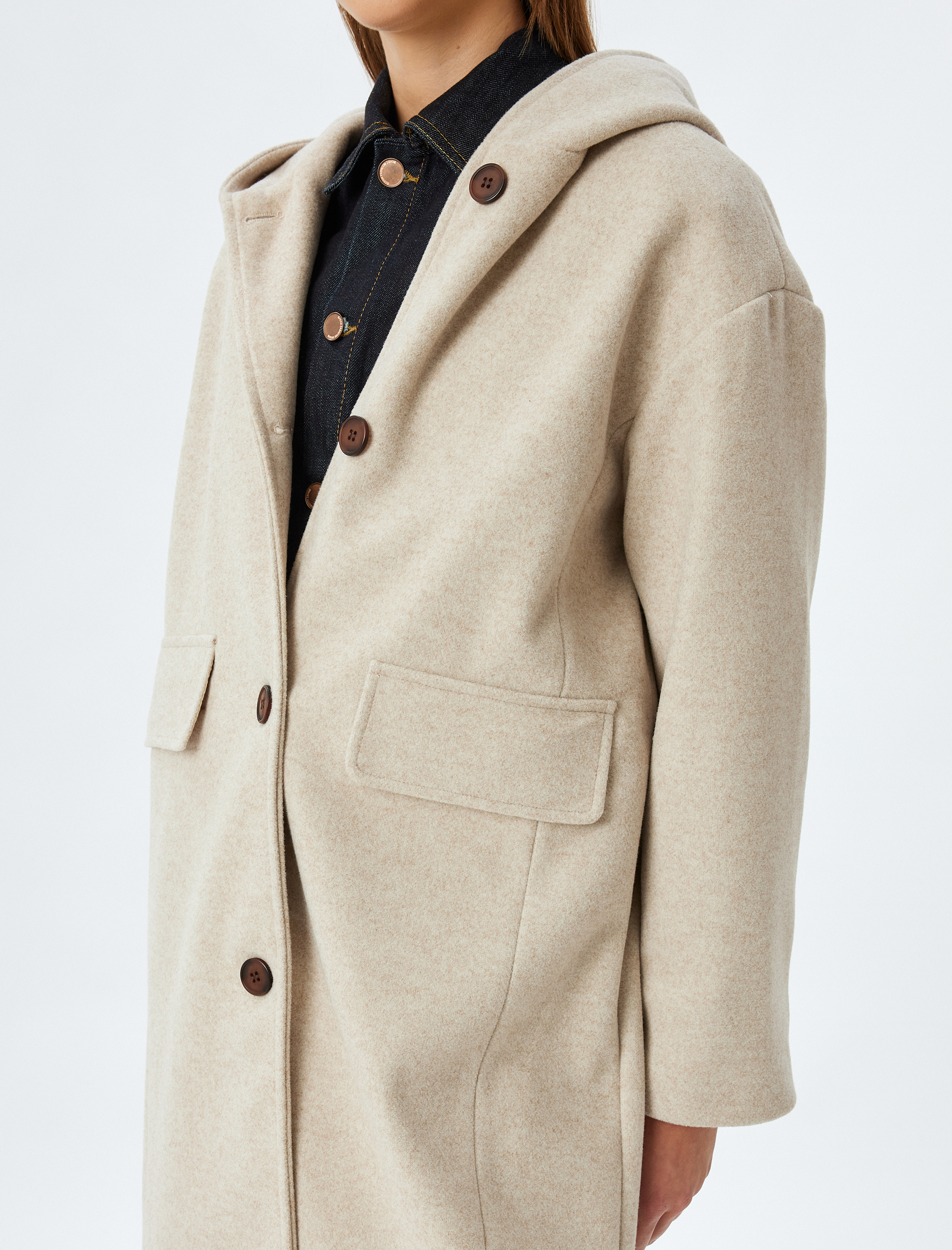   Düğmeli Cepli Uzun Kapüşonlu Oversize Kaşe Kaban