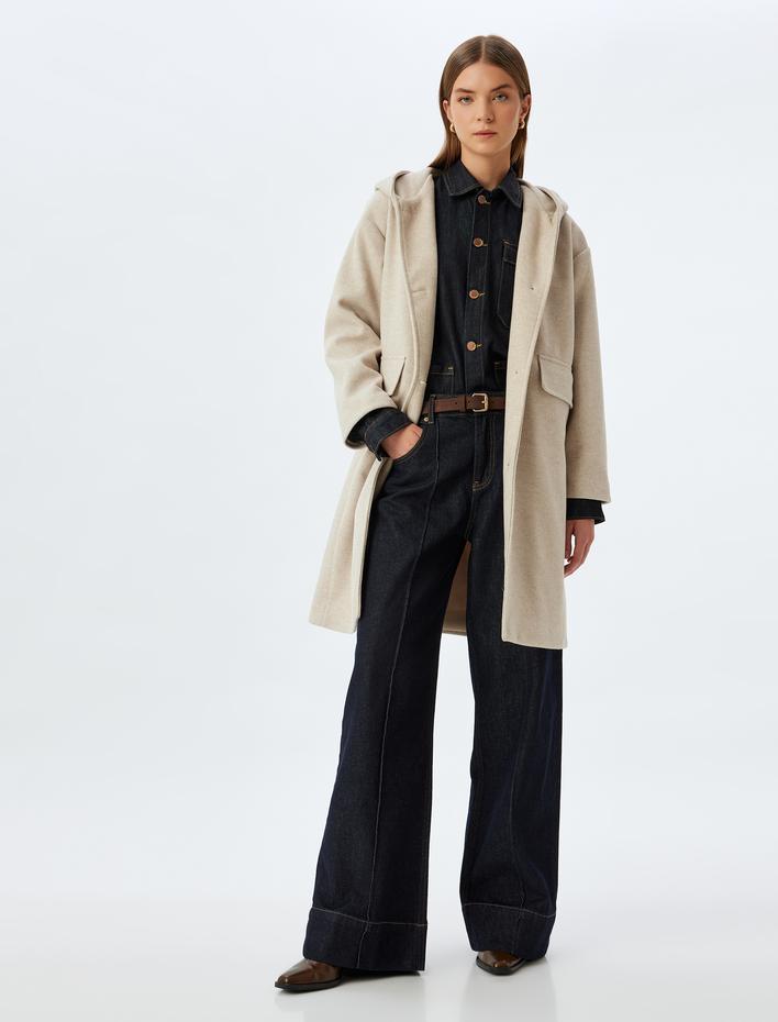  Düğmeli Cepli Uzun Kapüşonlu Oversize Kaşe Kaban