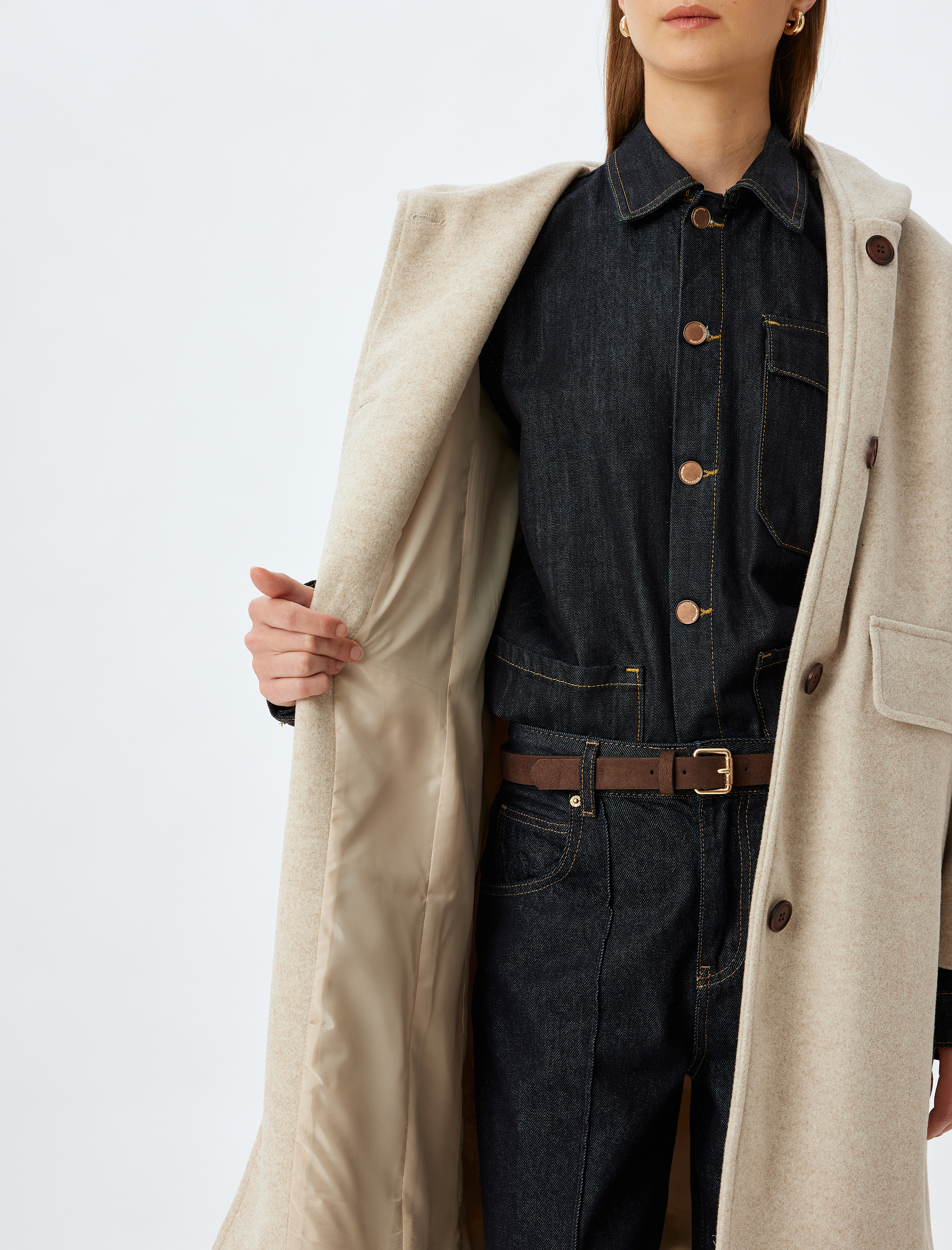   Düğmeli Cepli Uzun Kapüşonlu Oversize Kaşe Kaban