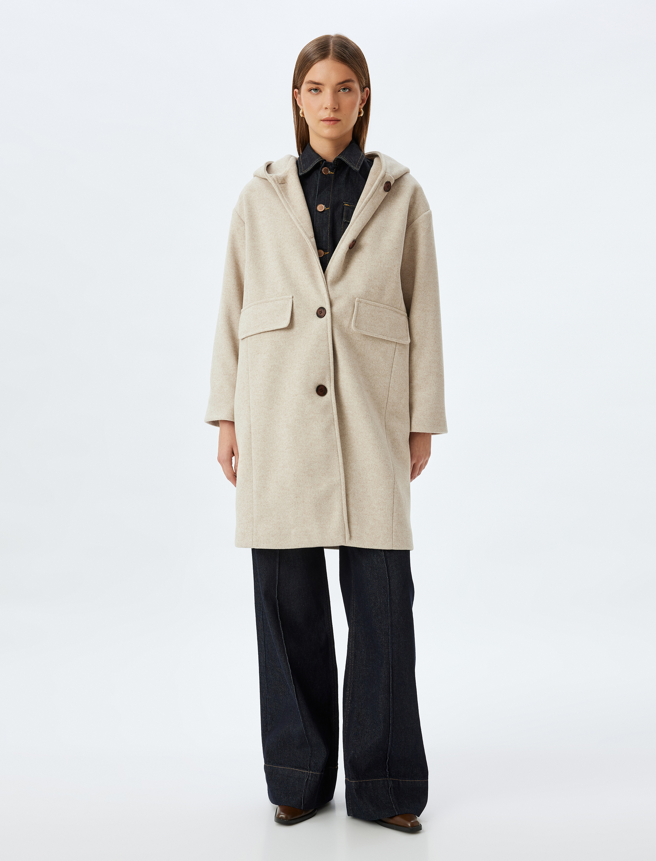   Düğmeli Cepli Uzun Kapüşonlu Oversize Kaşe Kaban